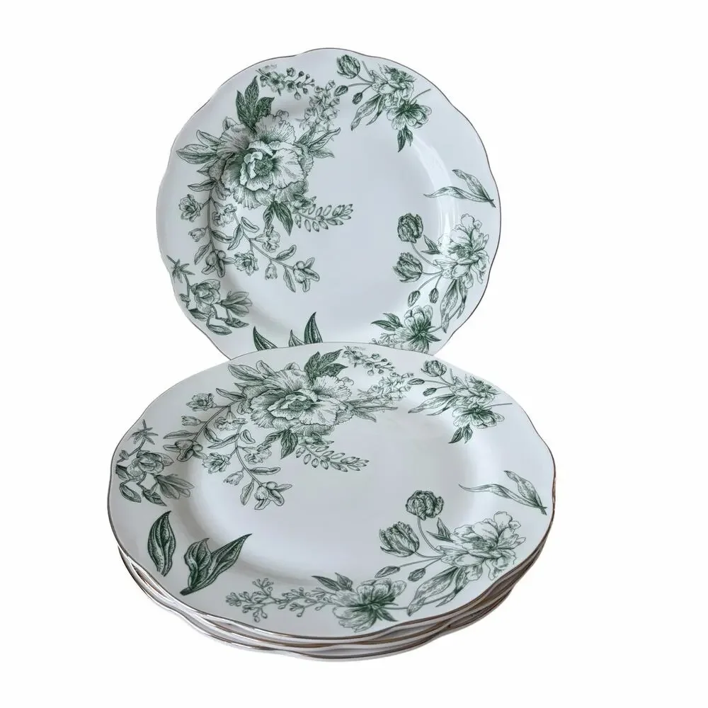 Medici Green Floral Toile Dinner Plates 10.5in Set of 4 Scalloped Porcelain New